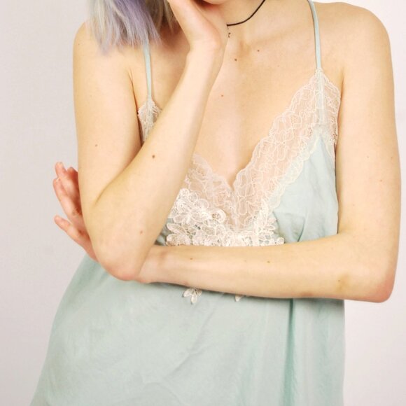 Y2K Mint Slip Dress (L) large vintage blue mini sleepwear lingerie sexy nightie - Picture 7 of 8